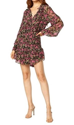 Misa Los Angeles Celina Mini Dress Black Pink Floral Long Sleeve Shirred Medium