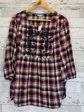 Catherines Womens Popover Top 1X Plaid Embroidered 3/4 Sleeves Pink Blue