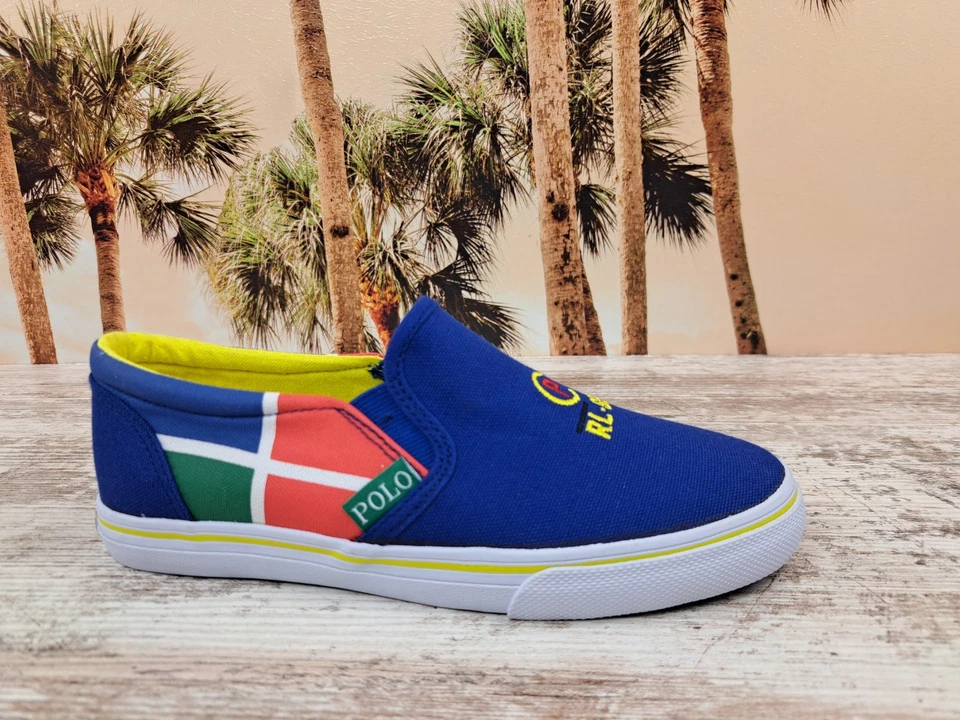Polo Ralph Lauren RL-93 Azul Blanco Zapatos Sin Cordones de Lona Niños Grandes Niños Talla 3 NUEVO  Foto 3 de 4