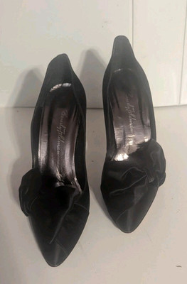 Beverly Feldman Black Satin Heels Shoes With Side Bows Sz 9 1/2 M