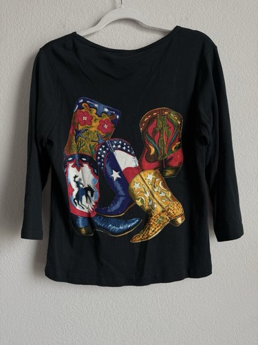 VTG Take Two Women Black Western Sequin Cowboy Boot Top Cotton Size L 3/4 Sleeve - Picture 6 of 8