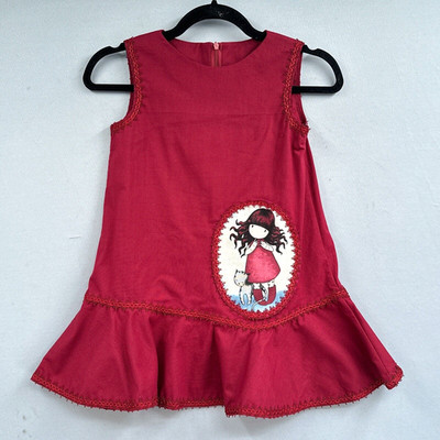 Ruffled Dress Little Girl 6 Red Prairie Cottagecore Cat Linen Party Easter OOAK