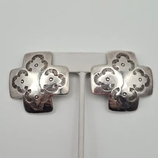Vintage 925 Sterling Silver Large & Bold Concho Stamped Cross Clip On Earrings