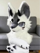 Fursuit Long haired Dog Fox Mascot Party Halloween Fur Cosplay head claws 