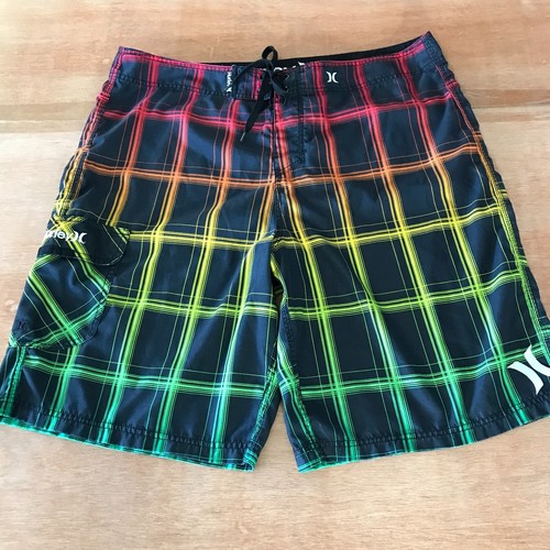 Hurley Board Badeshorts Herren 38 blau kariert Cargo Tasche Bindeband Taille Strand