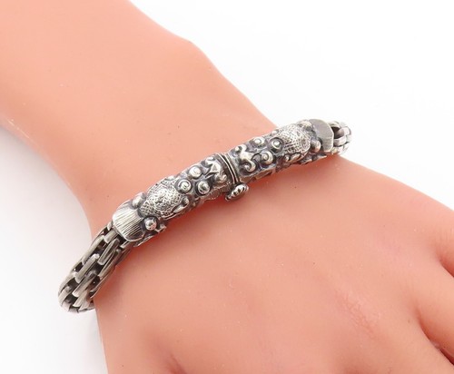 925 Sterling Silver Vintage Bracelet Dark Tone Dragon Face Carved Lock BT10924 - Picture 3 of 8