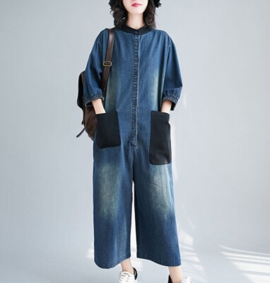 Women Cotton Wide Leg Jeans Jumpsuits Baggy Bibs Overalls Romper Denim  Pants