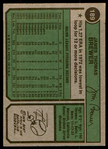 1974 Topps Jim Brewer . Los Angeles Dodgers #189 - Picture 2 of 2