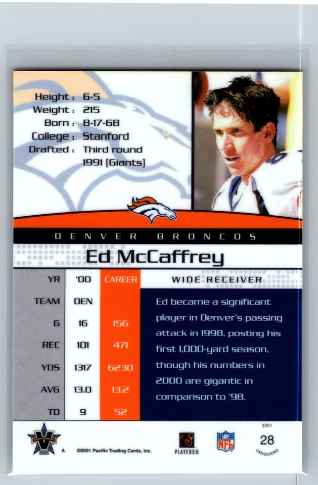 2001  Pacific Vanguard #28 Ed McCaffrey Broncos Great Christians Dad - Image 2 of 2