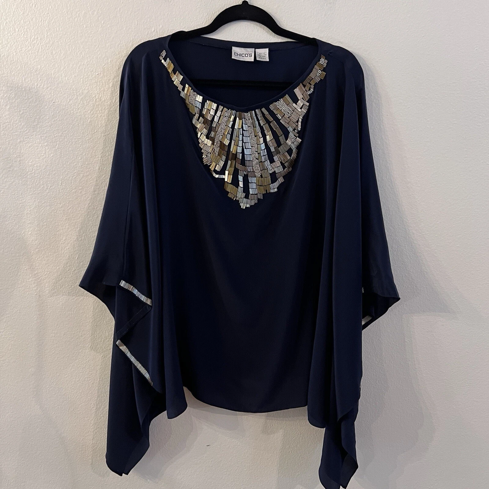 Chico’s Poncho Silk Size M/L Navy Blue Gold Beading Lightweight Pullover