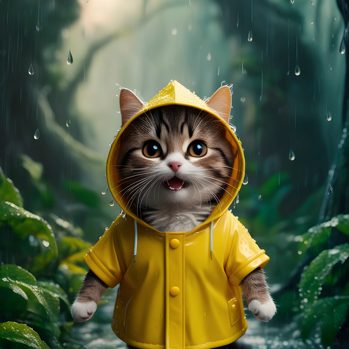 Adorable Cat in Raincoat, Mystical Forest Wall Art, Funny Cat