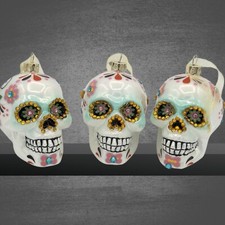 Day of The Dead Ornaments Set of 3 Dia De Los Muertos Sugar Skull White Glass