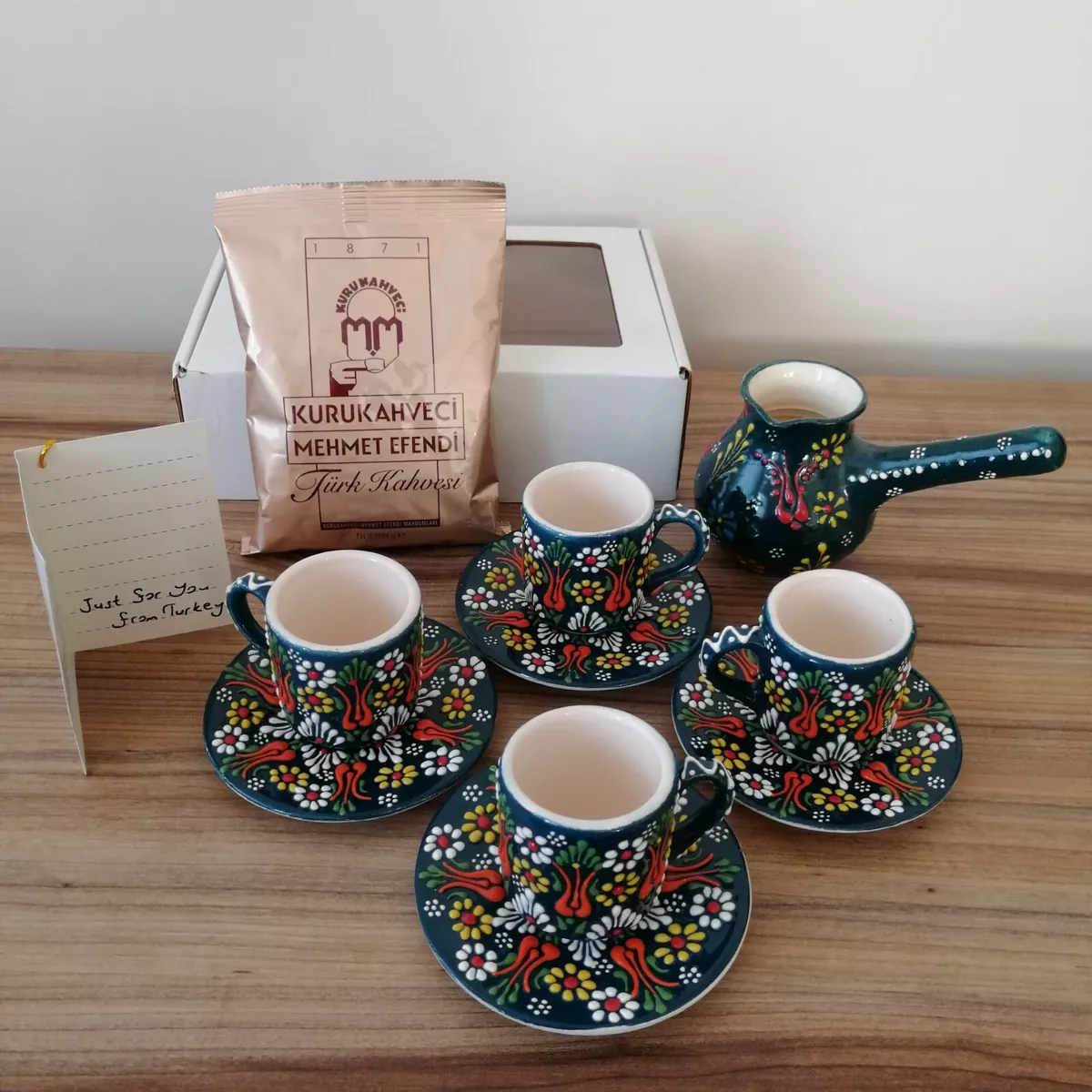 Turkish Ceramic Espresso Cups and Saucers Set with Pot and Turkish Coffee  Gift