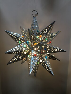 Moravian Star Pierced Metal Glass Pendant Light Lamp Hanging w/marbels 13 ''