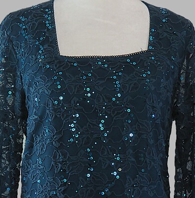 CDW Long-Sleeve Square-Neck Embroidered Sequin Lace Overlay Blouse Size L (C911)