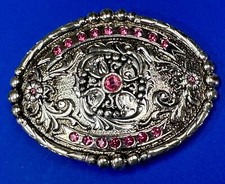 Authentic Silver Plated Pewter Belt Buckle With Cowgirls Girly Pink Rhinestones