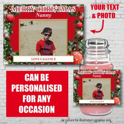 Christmas PERSONALISED PHOTO Candle Label Sticker YANKEE INSPIRED Xmas Santa 167