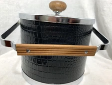 Atapco Ice Bucket Alligator Faux Black Leather Chrome Lid Wooden handle Vintage