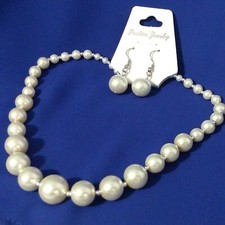Faux Pearl Graduated Necklace Earrings Set Silver Color Fashion Jewelry NEW