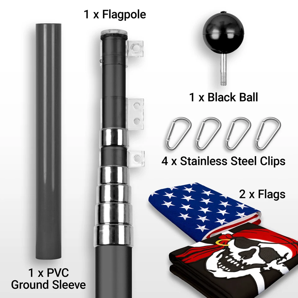 20Ft Telescoping Flagpole Black & USA and Pirate Head Scarf Flags Emb 300D 3x5Ft - Image 2 of 4