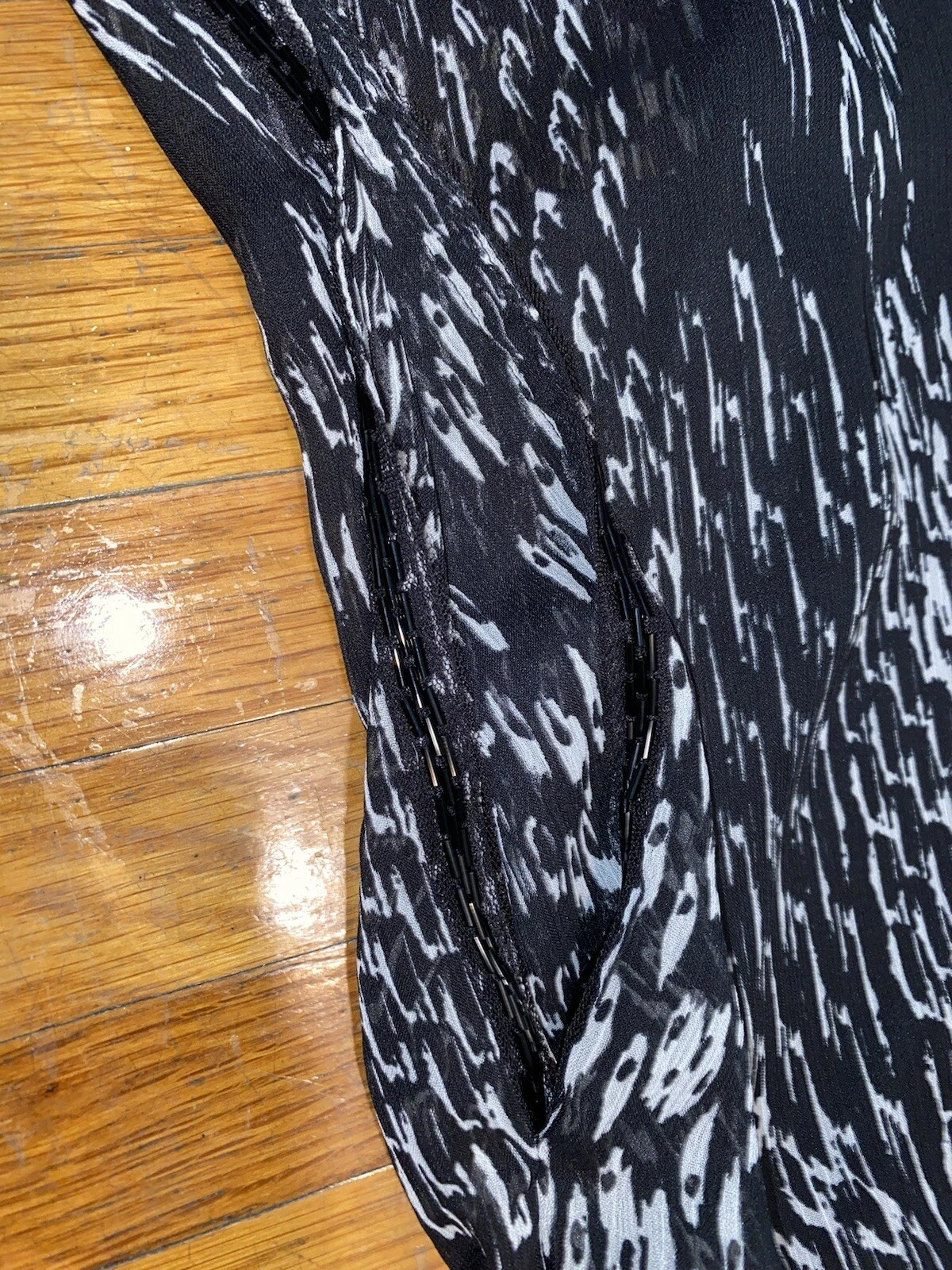 OFF WHITE Abito donna Express taglia small chiffon nero bianco sporco perline manica larga #F