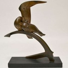 BECQUEREL A.V./Sculpture Art-Déco: Bronze signé patiné doré, socle marbre noir