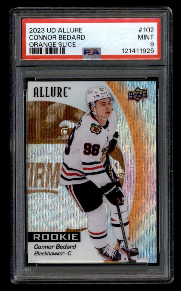 CONNOR BEDARD 2023/24 UD ALLURE #102 PSA 9 MINT ROOKIE ORANGE SLICE RC T6671