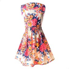 Damen aermellos O-Ausschnitt  gedruckt  Minikleid - Rosa  Asiatisch 3399