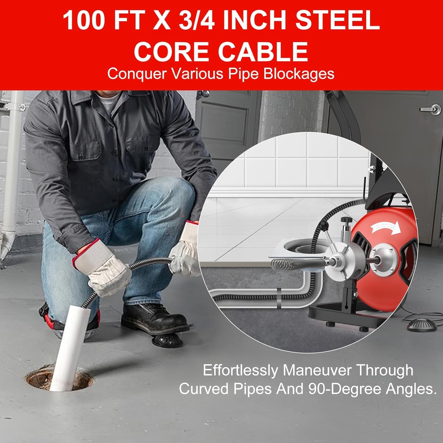 Drain Cleaner Machine Electric Drain Auger 75 FT x 1/2 In Auto Feed