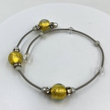 Vintage Adjustable Wire Bangle Bracelet Gold Foil Glass Beads Rhinestone Accents