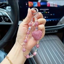 Pink Sparkling Rhinestone Beaded Heart Crystal Love Phone Bag Charm Strap...
