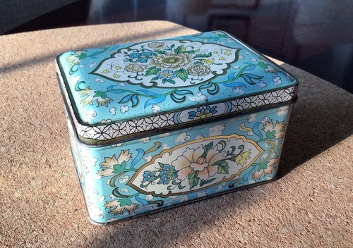 Daner Small Hinged Tin 3x4” Aqua Floral Made In England Vintage