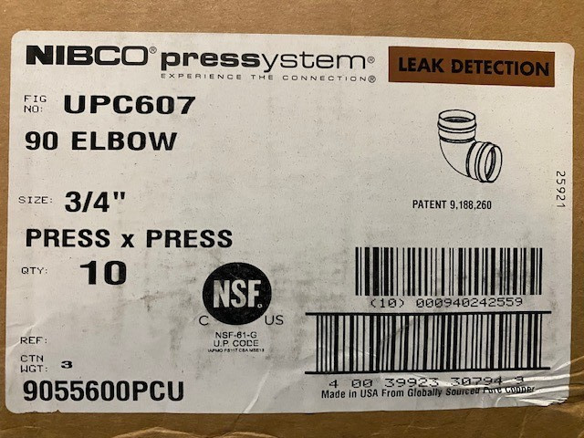 (10 PACK) NIBCO® Press 3/4" Copper 90° Elbow, Press x Press, 9055600PCU / UPC607