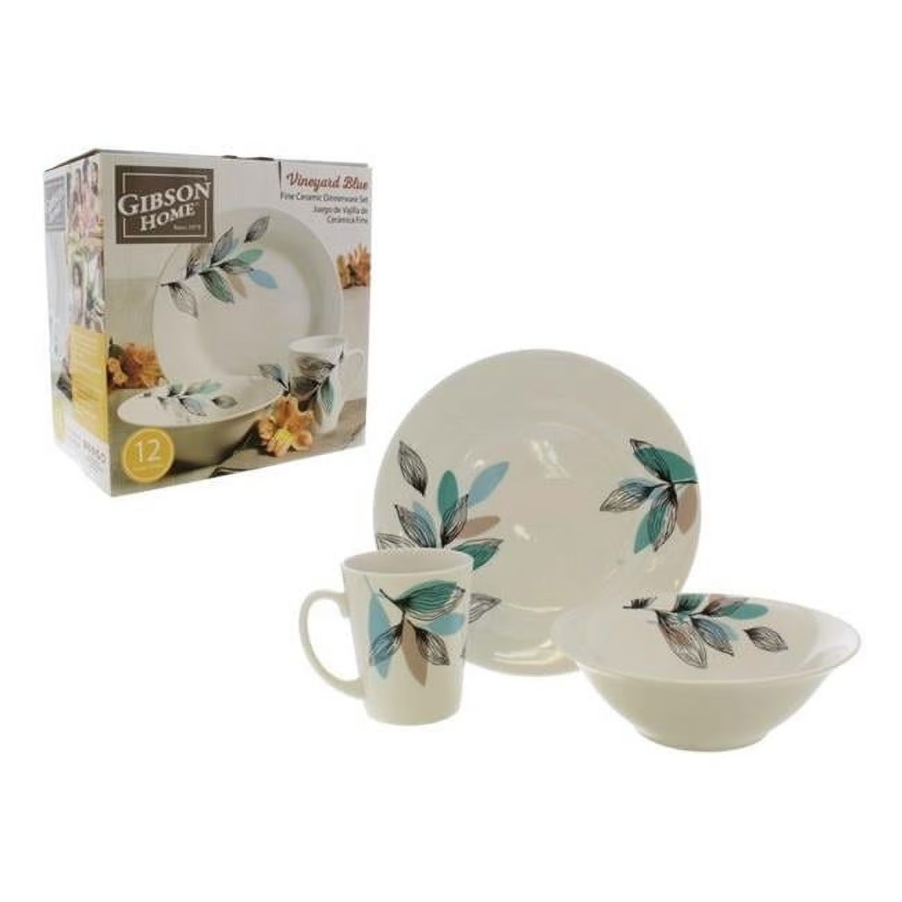 Gibson Home Vineyard Blue 12 Piece Round Fine Ceramic Dinner