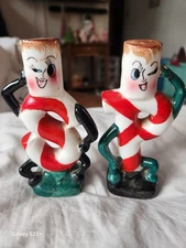 Vintage 1960s Anthropomorphic Candy Cane Salt & Pepper Shakers Japan 