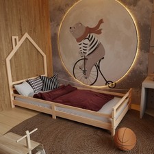 HAGO® Kinderbett Hausform 90x200 Spielbett Rausfallschutz Kiefer Natur Lattenros