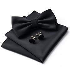 Men's Solid Color Pre-Tied Bow Tie Pocket Square Cufflinks Formal Set