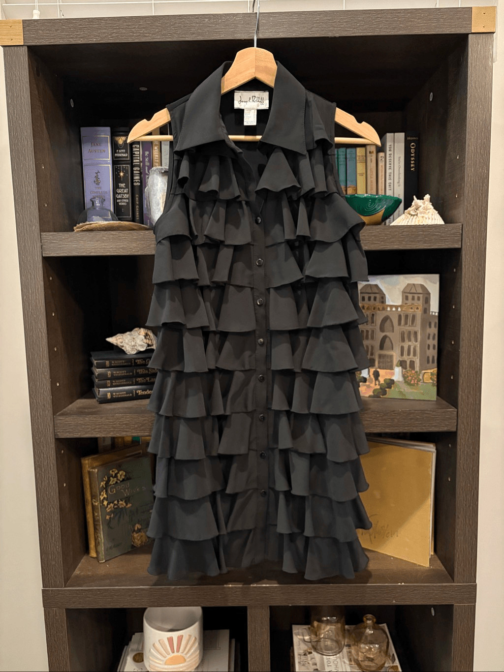 Joseph Ribkoff Black Sleeveless Ruffle Tiered Button Front Mini Dress Size 8