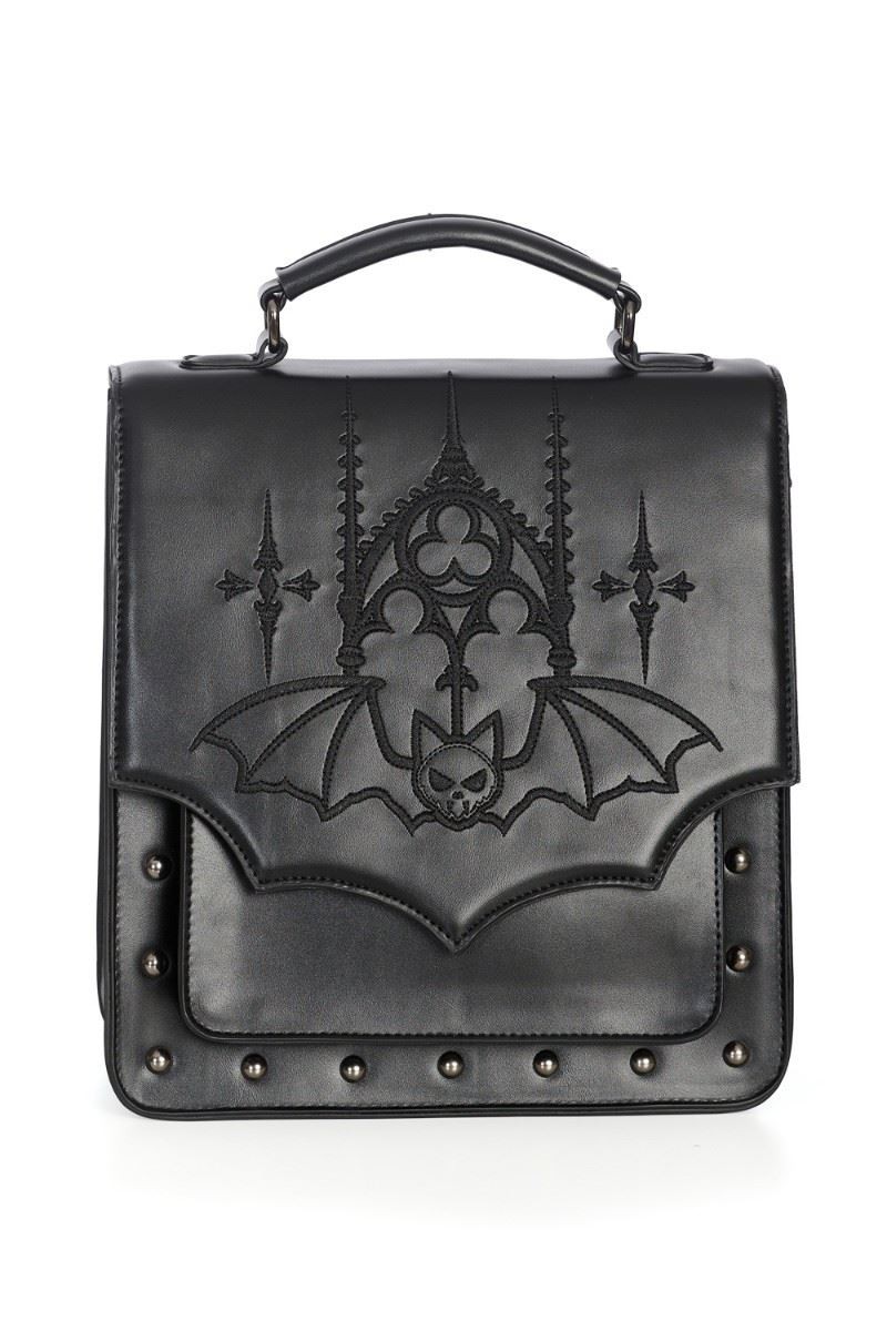 Banned Gothic Bat Backpack – Black Faux Leather Studded Flap Satchel Bag Purse
