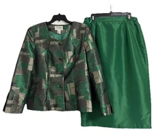 Tally Taylor Skirt Suit Womens 14 Green Brocade Jacket Set Jewel Buttons Church