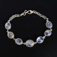 Natural Oval Rainbow Moonstone Gemstone 925 Sterling Silver Bracelet Jewelry NEW