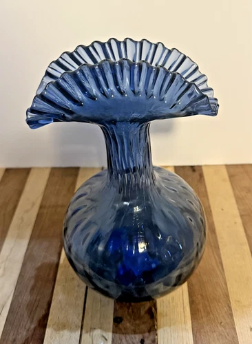 Vintage Blue Glass Vase w/Ruffled Fan Top by Blenko Glass Company  W. Virginia