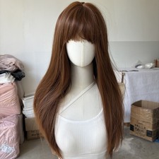 Dress Up Wigs With Fringe Long Straight Synthetic Hair Heat Resistant Auburn