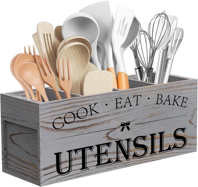 Suli Extra Large Kitchen Utensils Holder with 4 Compartments, Wooden Grey 