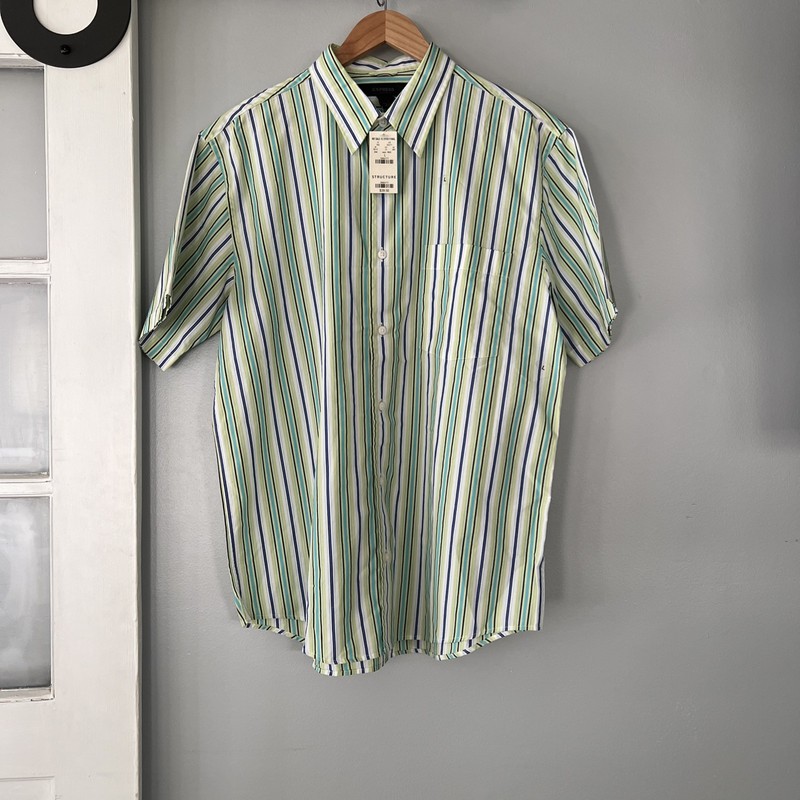 NWT Vintage Express Structure SS Shirt Men’s L Green Blue White Stripe Button Up