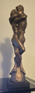 Bronze Romantic Couple Embracing Sculpture on Black Base, Signed by Cox