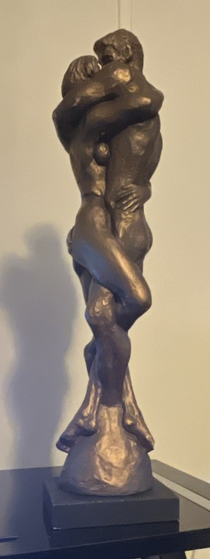 Bronze Romantic Couple Embracing Sculpture on Black Base, Signed by Cox
