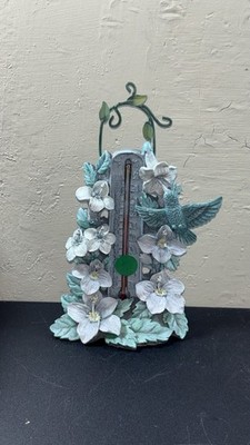 Vtg Stone Hummingbird & Flowers Standing Thermometer