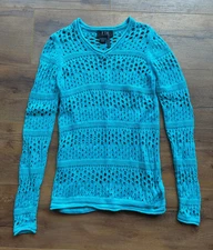 FDJ French Dressing Jeans Women's Crochet Knit LS Turquoise Blue Sweater Sz XS
