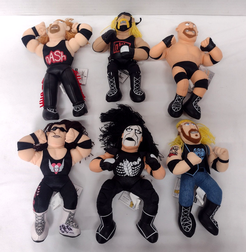 6 Stück 1998 Toy Biz Sitzsack Brawlers WWF WWE Paige, Hulk Hogan, Sting, Nash
